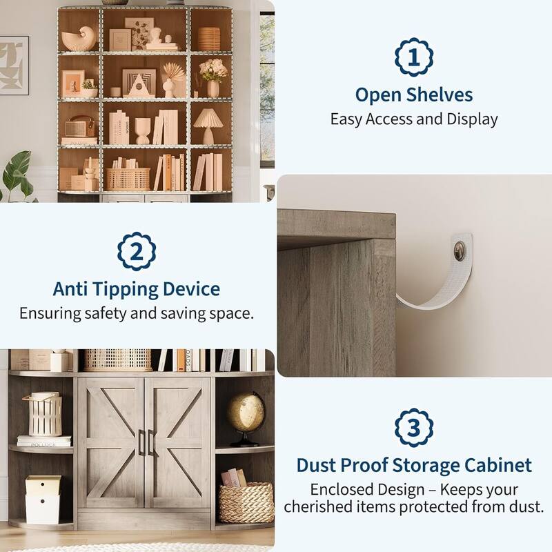 6 Tier Freestanding Bookcase with Storage Cabinet for Living Room Home Office