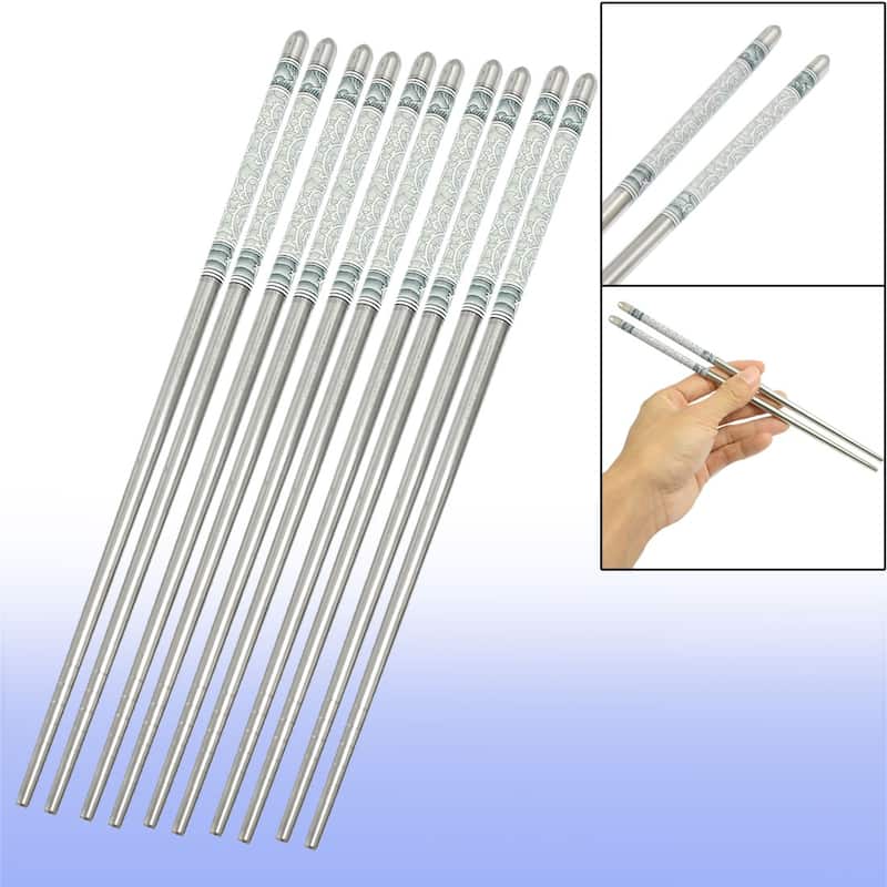 Gray White Flower Pattern Silver Tone Stainless Steel Chopsticks 5 Pairs - Silver Tone, Gray, White