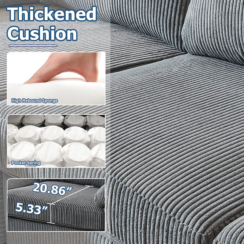 HOOOWOOO Living Room Wide Armrest Corduroy Fabric Chaise Reversible Sofa with Ottoman