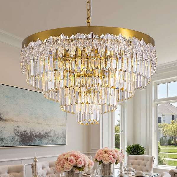slide 2 of 16, 24 in. Modern 5-Tier Gold Crystal Chandelier with 11 Lights, Round Contemporary Ceiling Light for Dining Room and Living Room Brass Chandelier