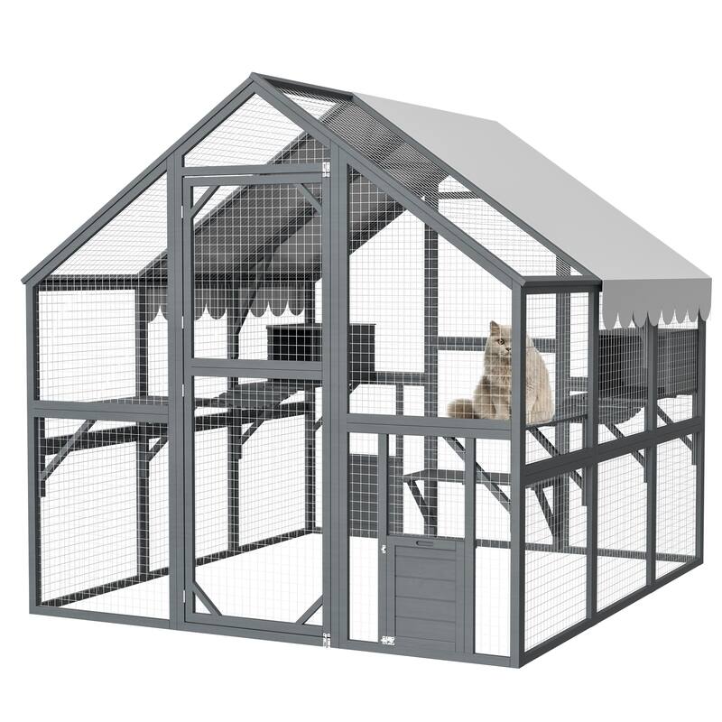 Walk-in Catio with Weatherproof Roof, Catio Outdoor Cat Enclosure with Suspension Bridges, 2 Cozy Cabins & 5 Strolling Paths