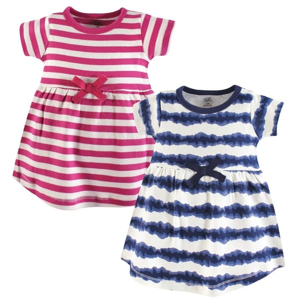 slide 1 of 1, Touched by Nature Baby and Toddler Girl Organic Cotton Short-Sleeve Dresses 2pk, Tie Dye Stripe 2T - Baby Toddler Tie Dye Stripe Short Sleeve