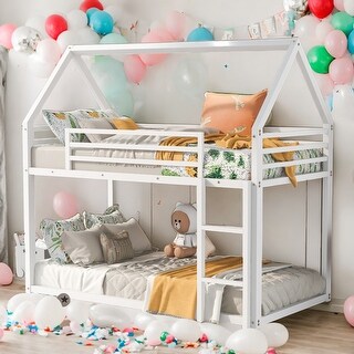 Twin over Twin House Bunk Bed with Built-in Ladder for Home