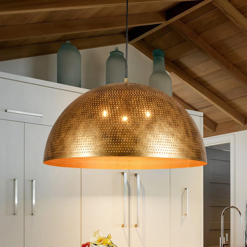 Rennnsan 3-Light Gold/Black Perforated Gold/Black Dome Pendant Light for Kitchen Island Dining Room