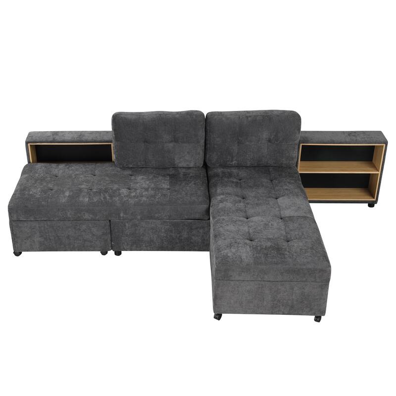121.2" Chenille Modular Sofa Bed with Two Storage Racks, Free-Combined Design, and Smooth-Rolling Wheels