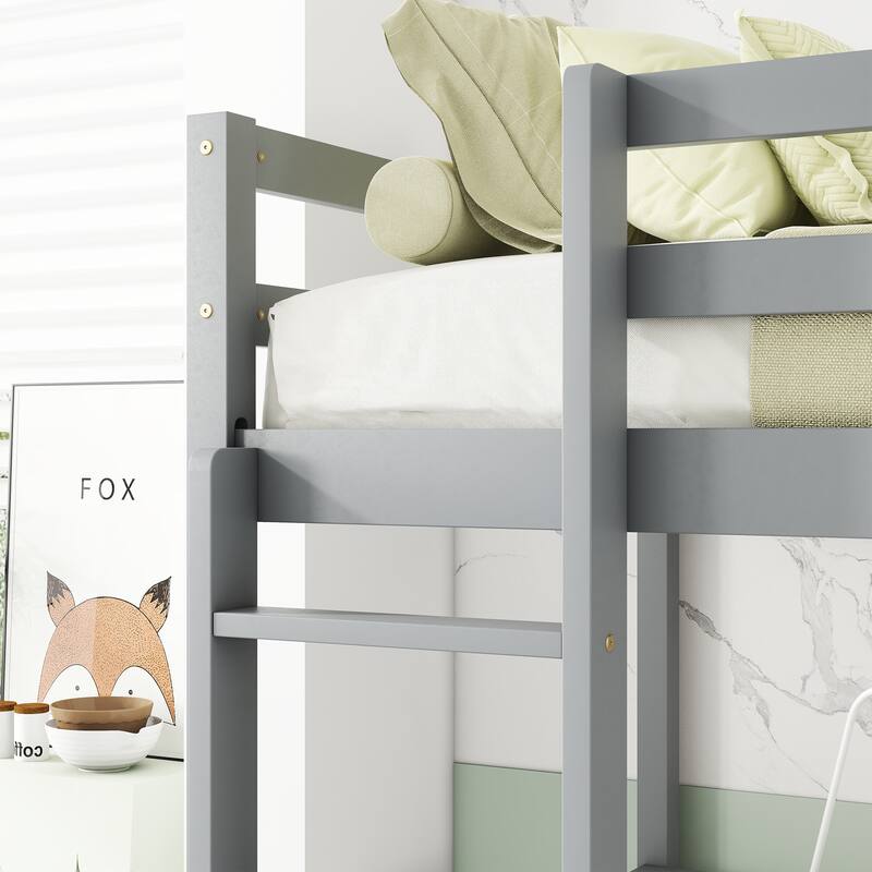 Grey Twin Size Wood Loft Bed with Under-bed Storage and Desk