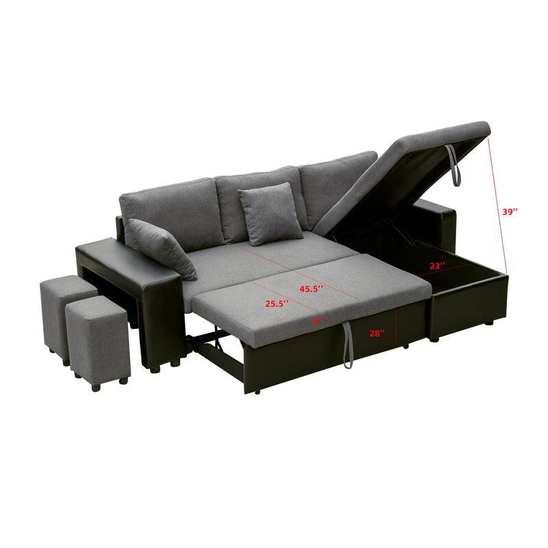 92.5"Reversible Sleeper Sectional Sofa with storage and 2 stools Steel