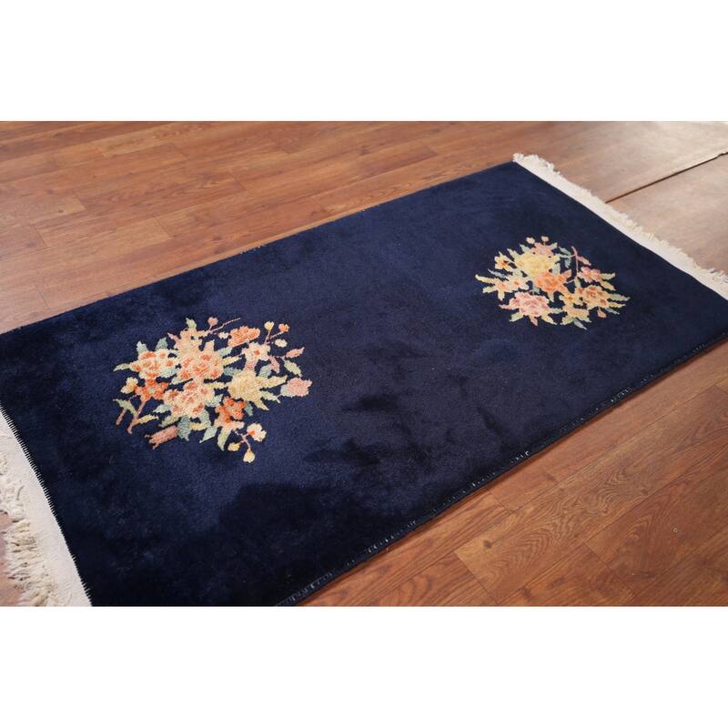 Navy Blue Floral Art Deco Chinese Accent Rug Hand-Knotted Wool Carpet - 2'0"x 3'11"