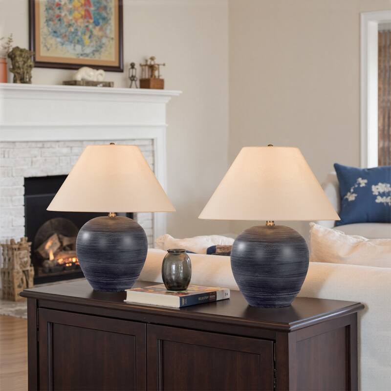 2 Pack Global Ceramic Accent Table Lamp with Linen Shade - Small size: 18"H x 15"W x 15"D - Black Striped