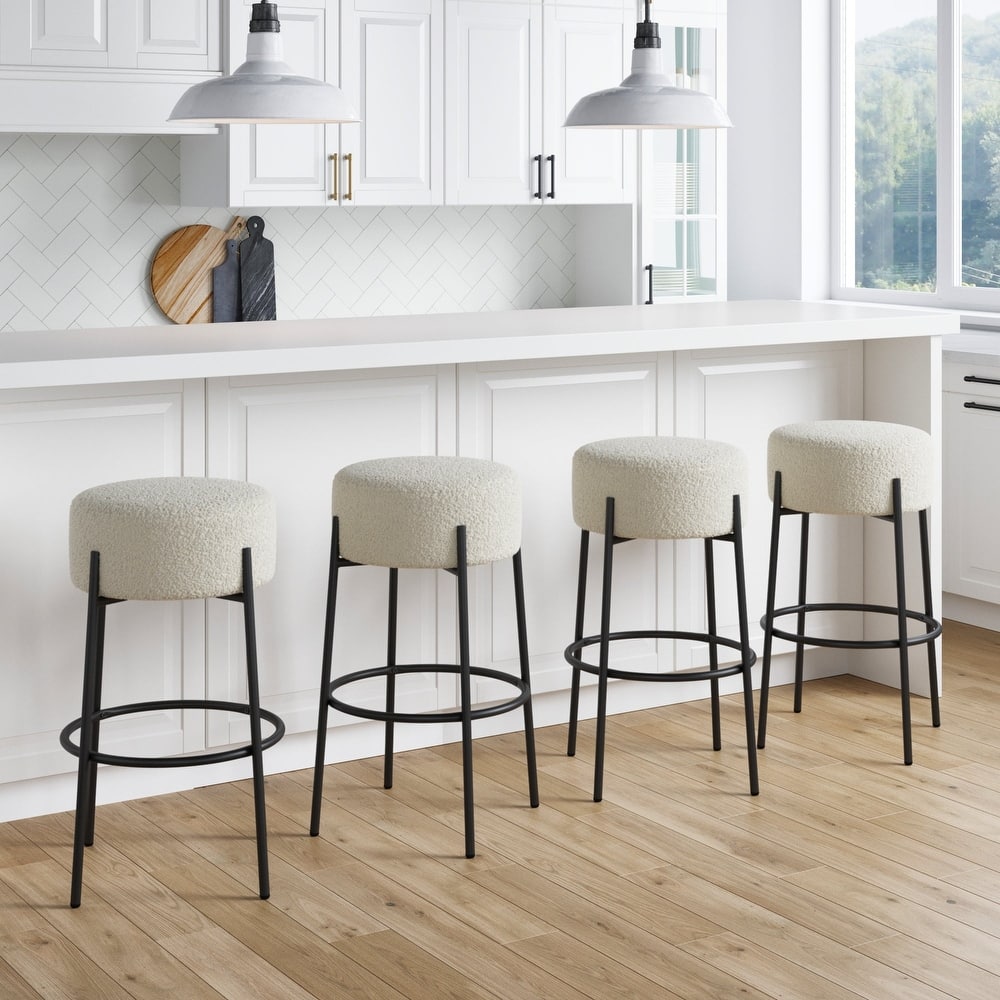 Isaac Modern Backless Metal Round Bar Stool with Boucle Padded Seat and Metal Base