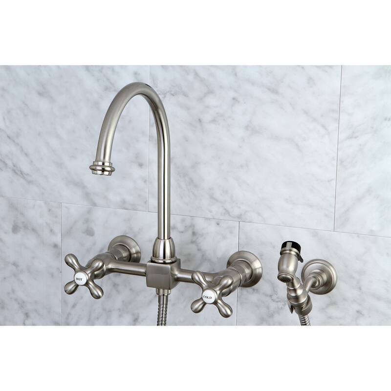 Kingston Brass Restoration Wall Mount Bridge Kitchen Faucet with Brass Sprayer