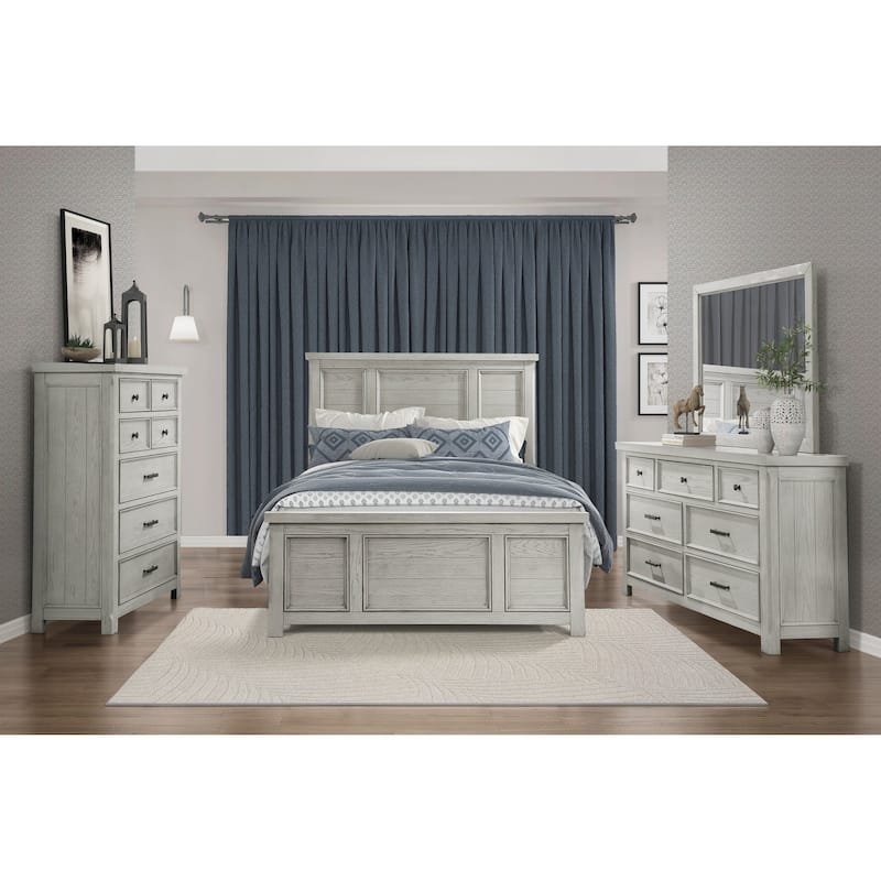 4pc Bedroom Set Panel Bed Dresser Mirror Chest Storage Wooden Furniture Light Gray Finish