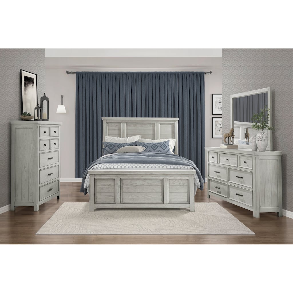 4pc Bedroom Set Panel Bed Dresser Mirror Chest Storage Wooden Furniture Light Gray Finish