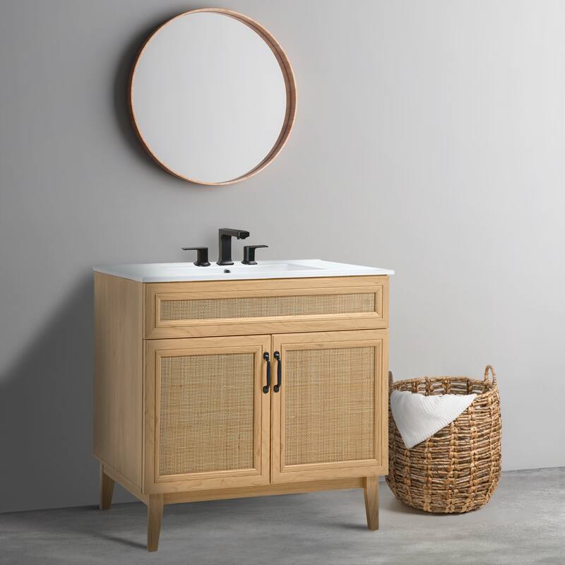 Ancillary Rattan Modern Farmhouse 2-Shelf Bath Vanity Cabinet Only (Sink Basin not Included), by JONATHAN Y