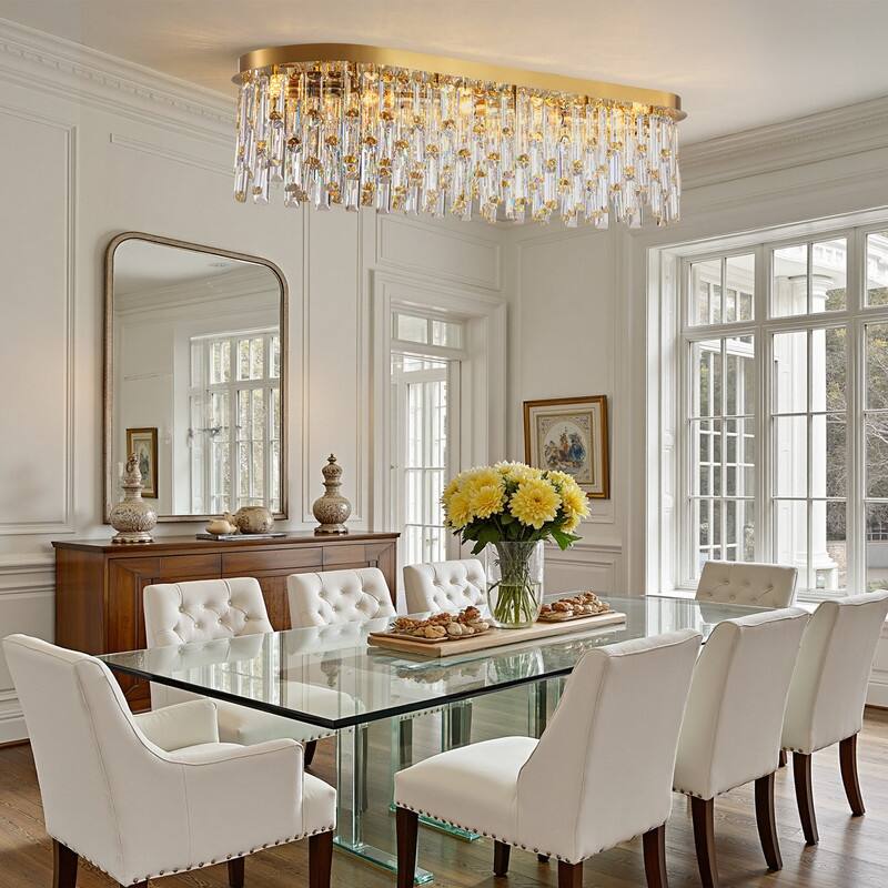 39.3 in. Brass Modern Luxury Crystal Chandelier Rectangular Flush Mount Ceiling Light for Dining Room Living Room