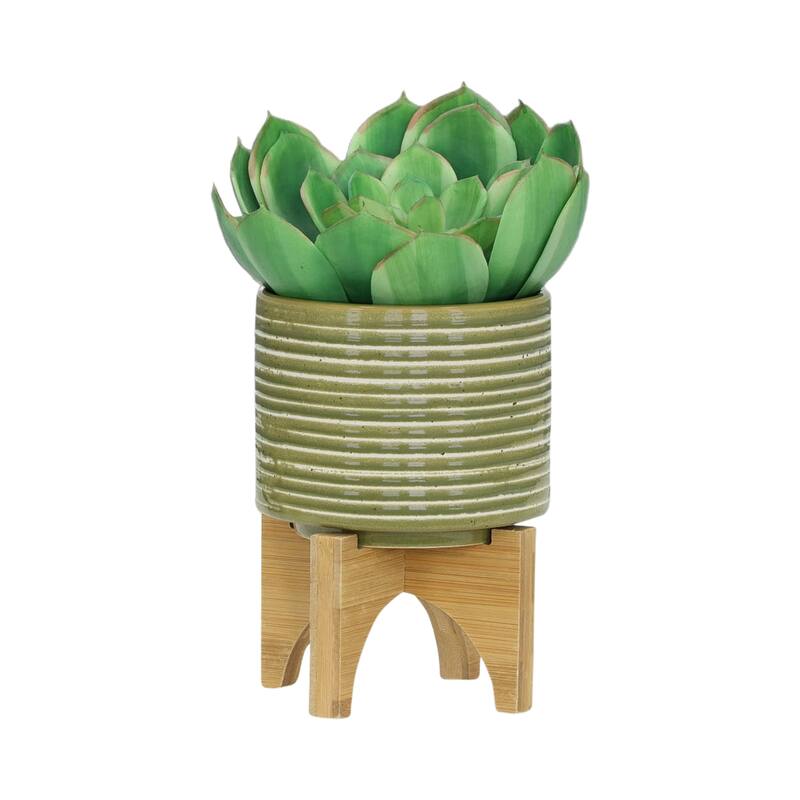 Sagebrook Home Striped Ceramic Planter with Wooden Stand Indoor/Outdoor