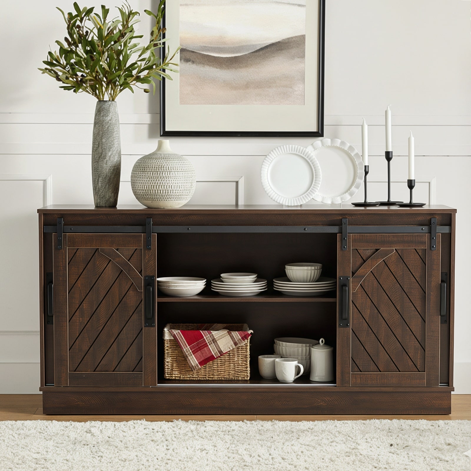 Vintage 4-Door Barn Sliding Door Sideboard Kitchen Buffet Cabinet