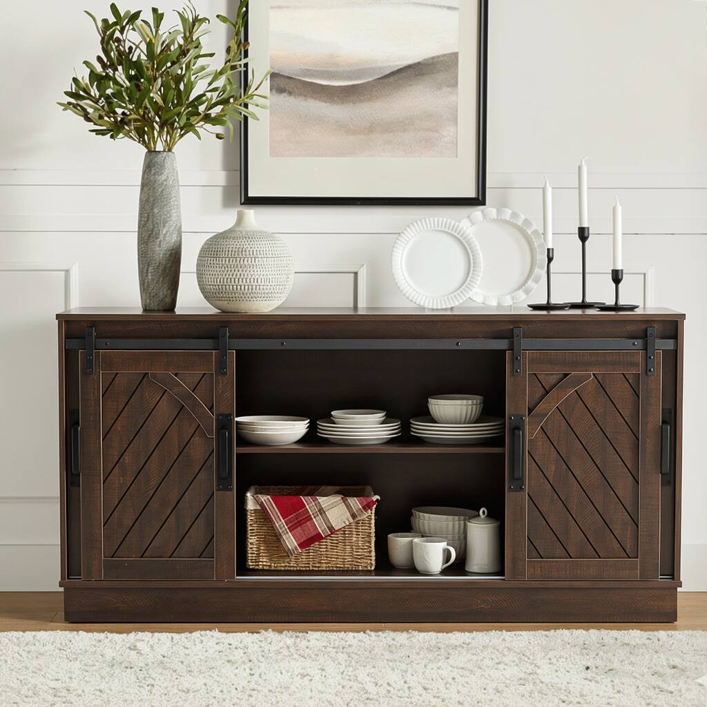 Vintage 4-Door Barn Sliding Door Sideboard Kitchen Buffet Cabinet