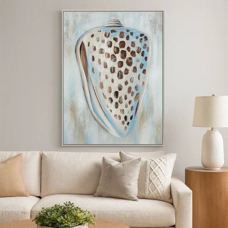 30 x 39 Hand Painted Dotted Sea Conch, Resin Coated, Warm Orange and Blue - Orange, Blue, White