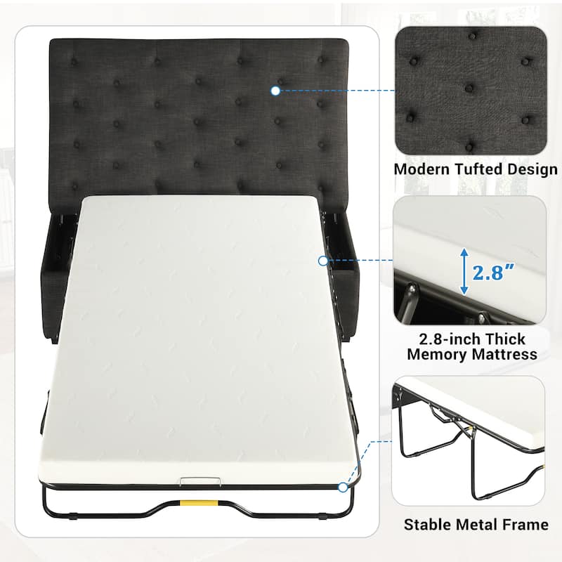 Tufted Sleeper Couch Settee, Ottoman with Folding Sofa Bed, Convertible Ottoman Sleeper with Memory Mattress