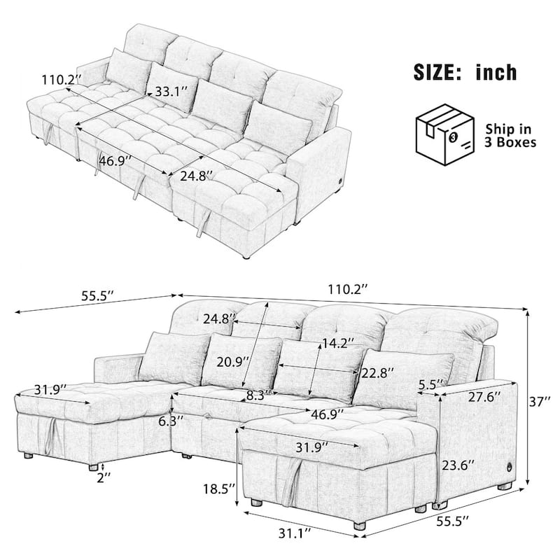 110.2" Modern U-shaped Sectional Pull-out Sofa with Storage Chaise and USB Ports