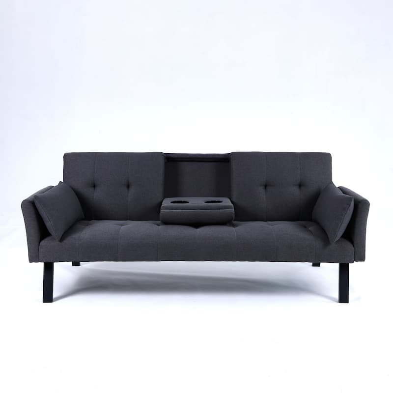 Cotton Linen Fabric Loveseat Sofa Sleeper Sofa Bed for Small Space with Center Table, Cup Holders, Pillows and Side Pockets