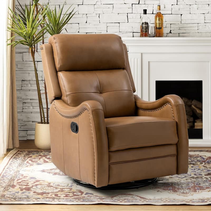 Franco Modern Genuine Leather Swivel Rocker Recliner with Nailhead Trims by HULALA HOME - Camel