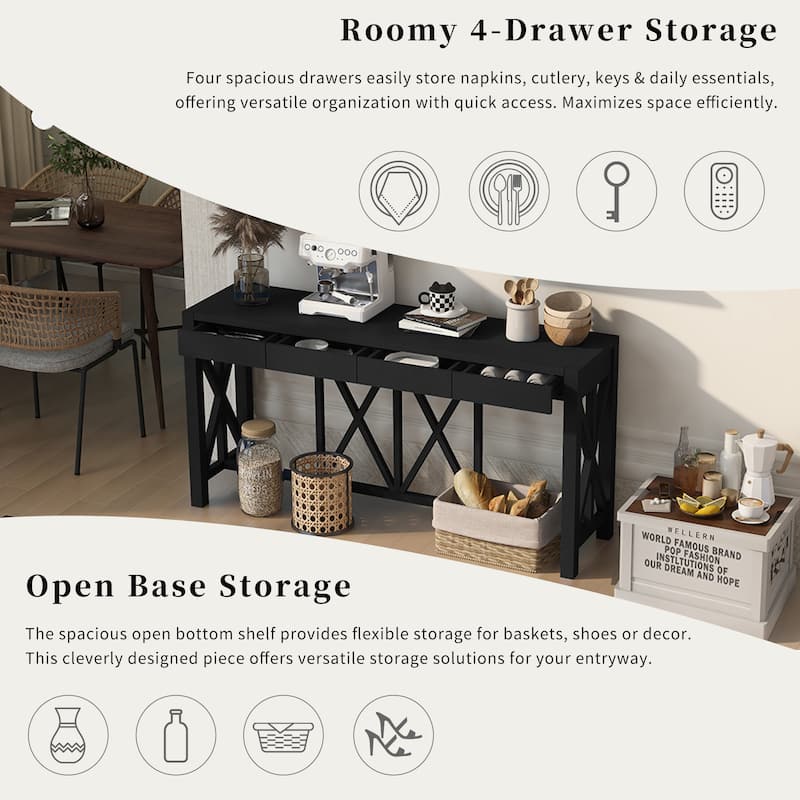 Modern Long Console Table with 4 Drawers, Crisscross Design Narrow Sofa Table, Entryway Display Table