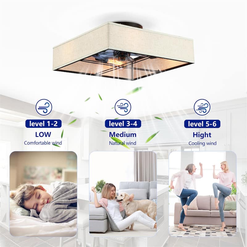 16.6" Fabric Flush Mount Ceiling Fan w/ Reversible Motor, DC Remote Control, NOT Included Bulbs