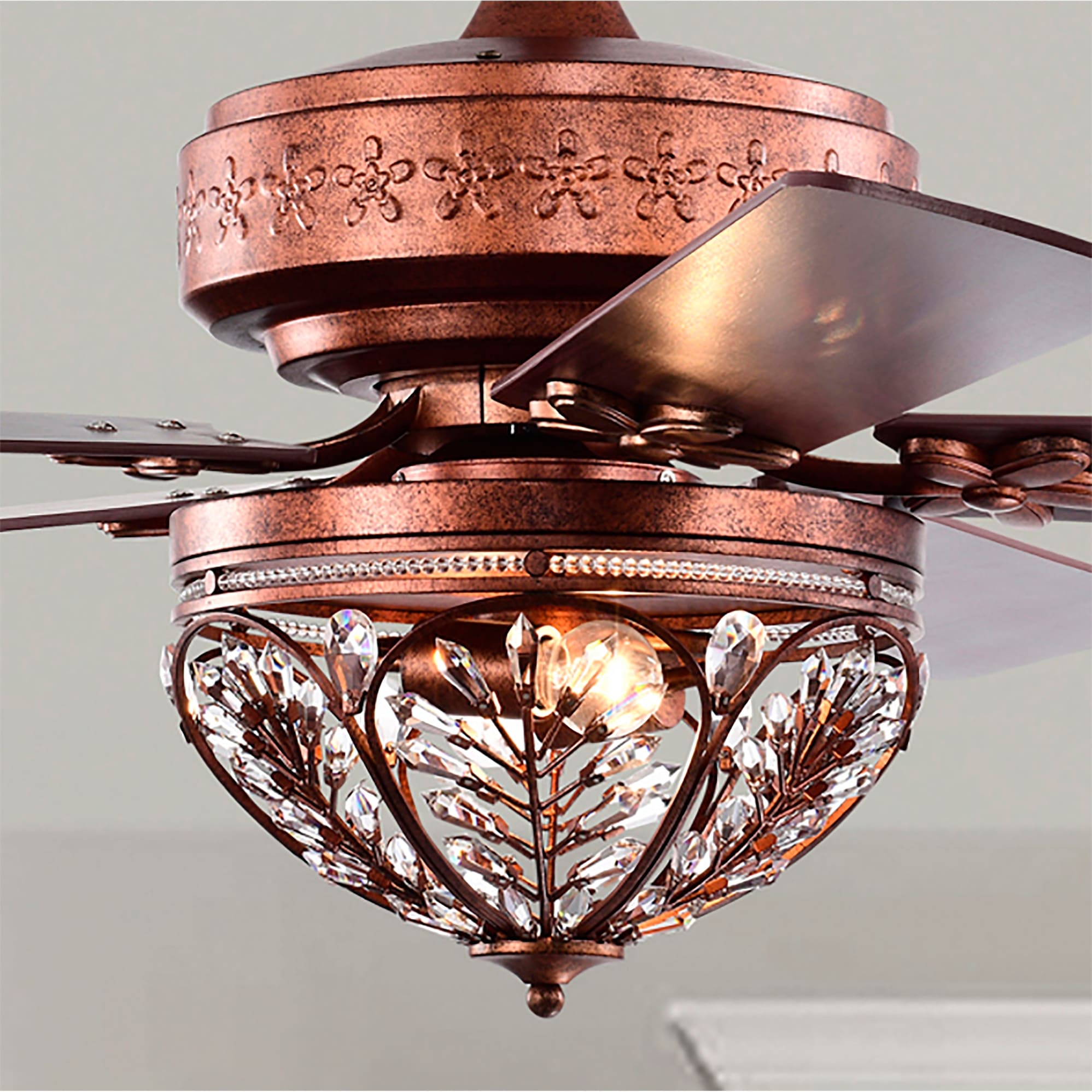 Warehouse of Tiffany Jacira 52 Inch Antique Copper Crystal Ceiling Fan with Remote - Copper Antique