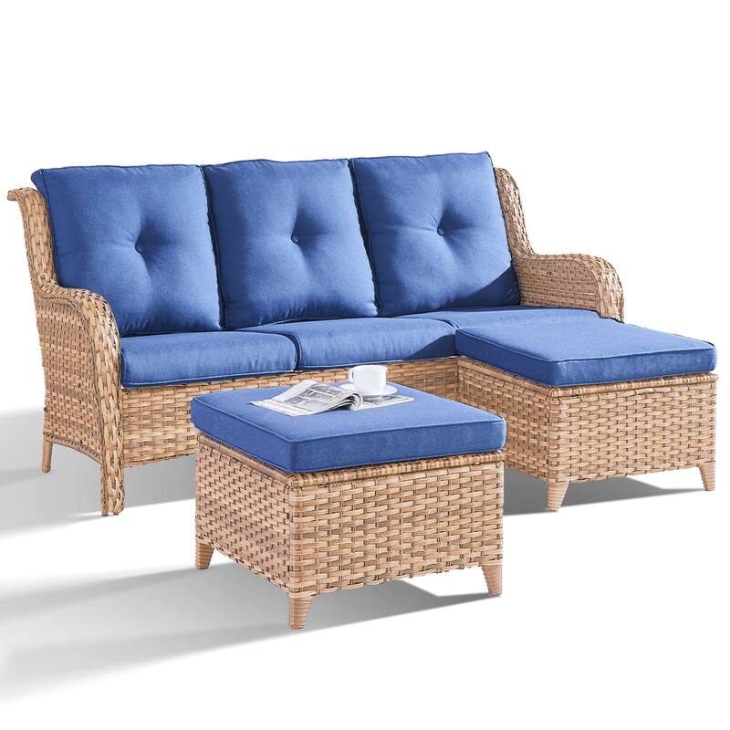 Pocassy 3-Piece Outdoor Wicker Sofa Set with Ottoman - Yellow/Blue