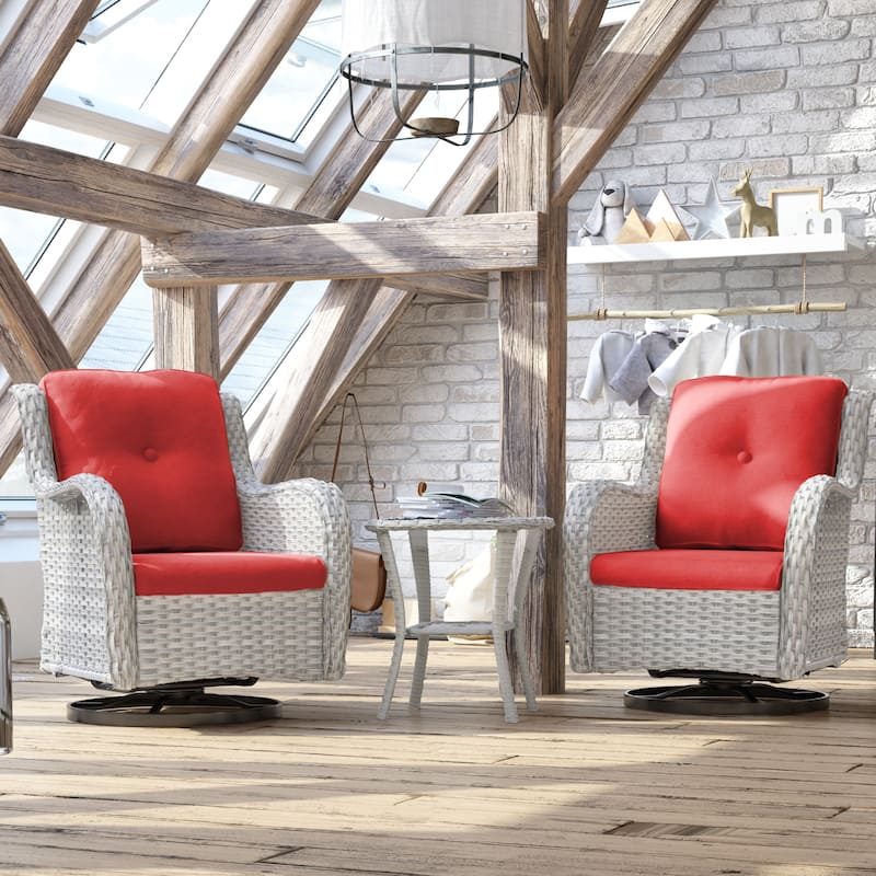 Cozywor 3-Piece Grey Wicker Patio Swivel Outdoor Rocking Chair Set - Red