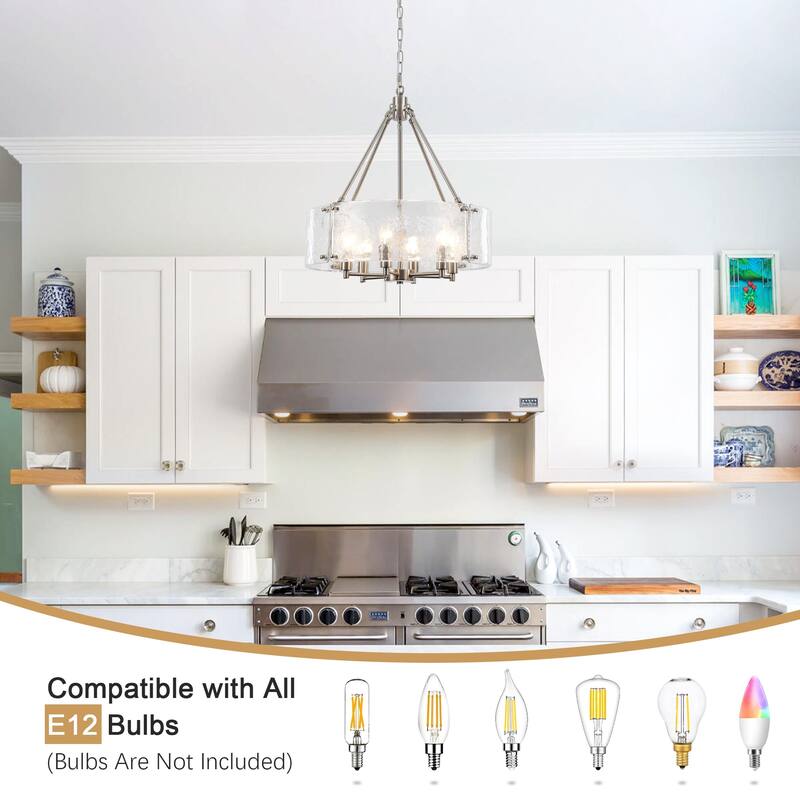 19.68 in. Modern 6-Light Dimmable Drum Candle Chandelier with Ripple Glass Shade