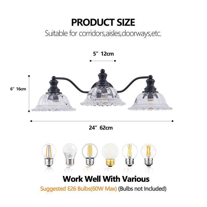24 Inch 3-Light Vintage Bathroom Wall Sconce, Metal and Glass Lampshade Vanity Light Fixture