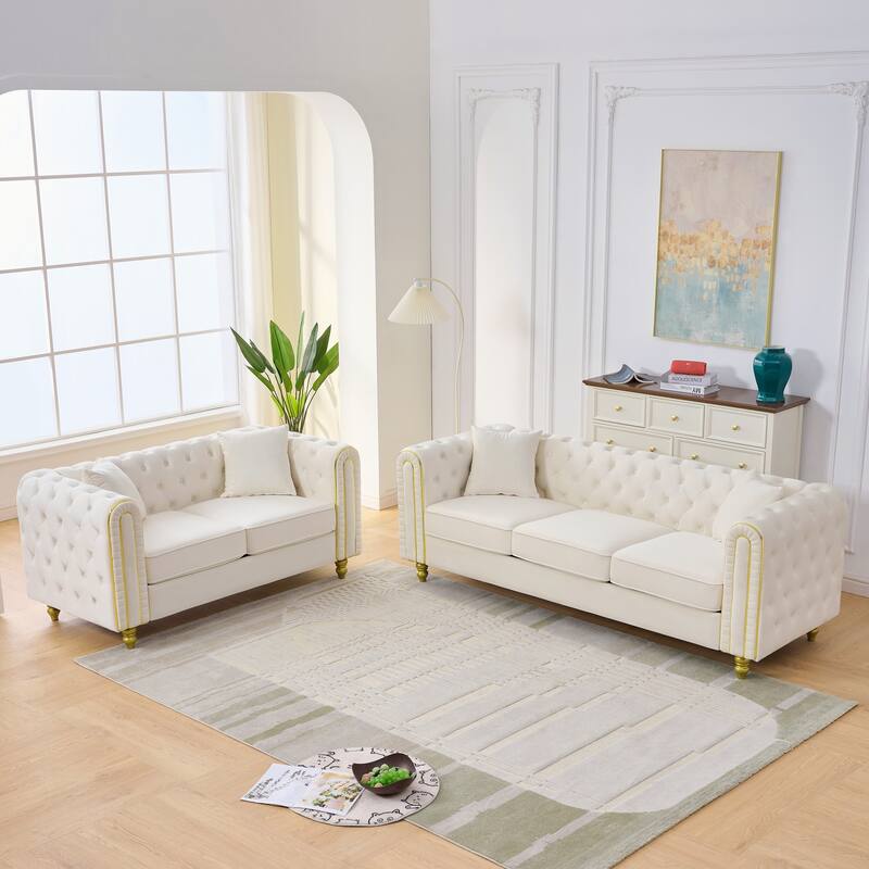 Roomfitters 86" and 63" Modern Tuxedo Chesterfield Sofa and Loveseat Set with Gold Trim, Button Back 2-Piece Couch Set