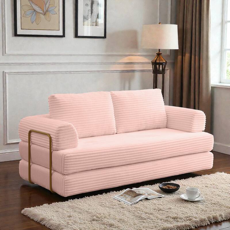 Convertible Sofa Bed Futon, Corduroy Folding Floor Couch with Pillows, Boneless Sleeper Mattress for Living Room