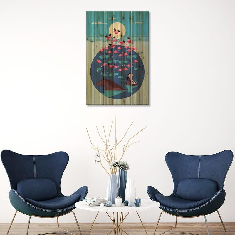 Flamingo Lake Print On Wood by Dieter Braun - Multi-Color