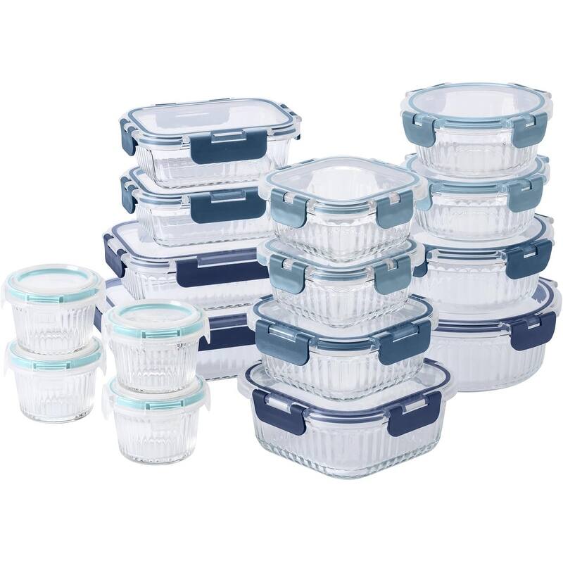 COOK WITH COLOR Premium 32-Pc. Borosilicate Glass Food Container Set with Dividers Leakproof Lids - Meal Prep, Storage - Fluted Blue