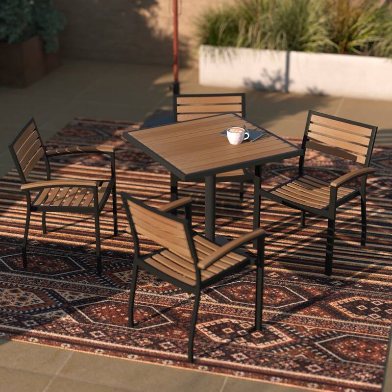 4 Faux Teak Accented Club Chairs and 30" Square Faux Teak Patio Table Set