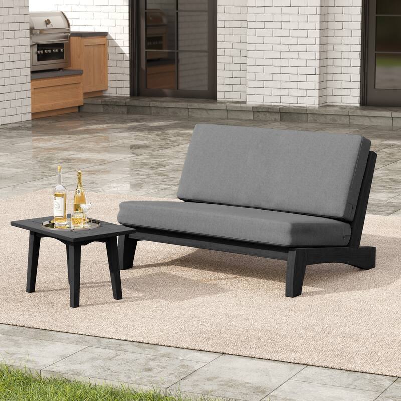 2-Piece Outdoor Teak Wood Loveseat Patio Set with Side Table - Grey-Whole Cushion - Black Frame