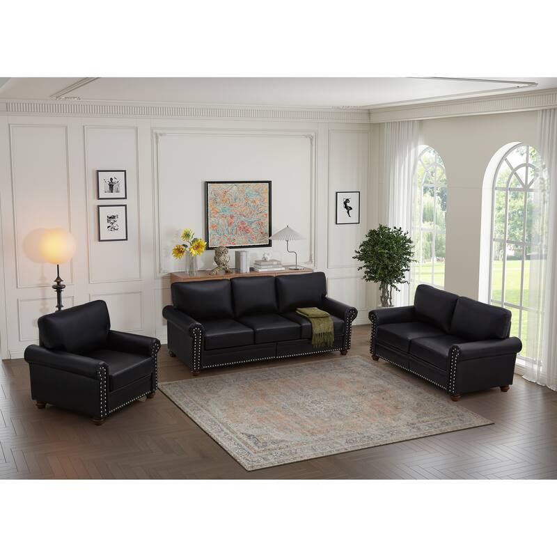 Living Room PU Sofa Set with Storage Sofa, 1+2+3 Sectional with Silver Nails and Solid Wood Legs