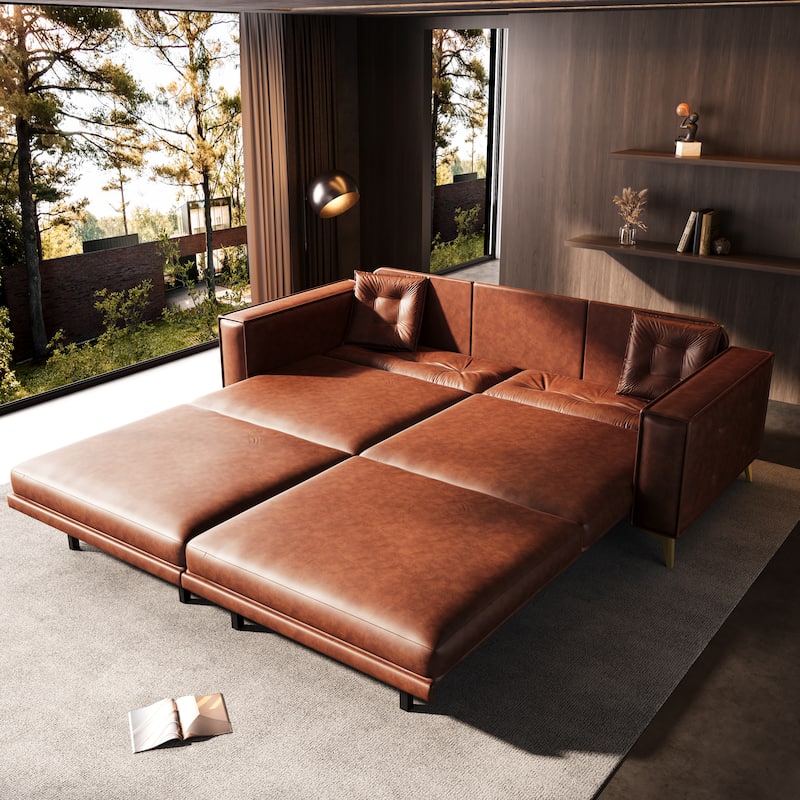 Oversized 3-in-1 Convertible Sofa Bed, 92.1" Faux Leather Square Arms Loveseat, Modern Pull-Out Sleeper Couch with Pillows