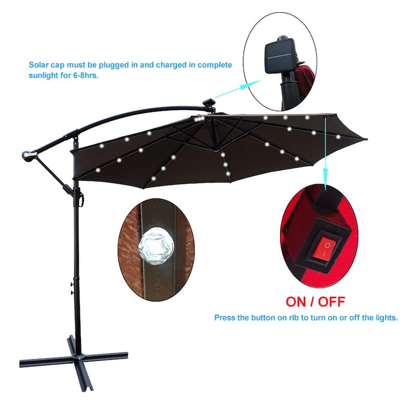 10ft Solar LED Patio Umbrella with Crank, Waterproof Sun Shade for Garden, Pool & Deck