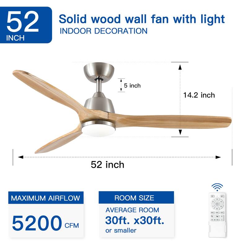 Whisper-Quiet Motor Wooden Ceiling Fan with Light and Remote, 6-Speed Reversible DC Motor, 3-Color Light Settings