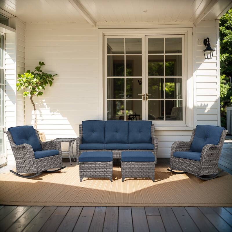Gymojoy 6-Piece Outdoor Wicker Patio Furniture with 3 Seat Sofa, Rattan Coversation Set with Water Resistant Thick Cushions - Grey Wicker / Blue Cusion - 6-Piece