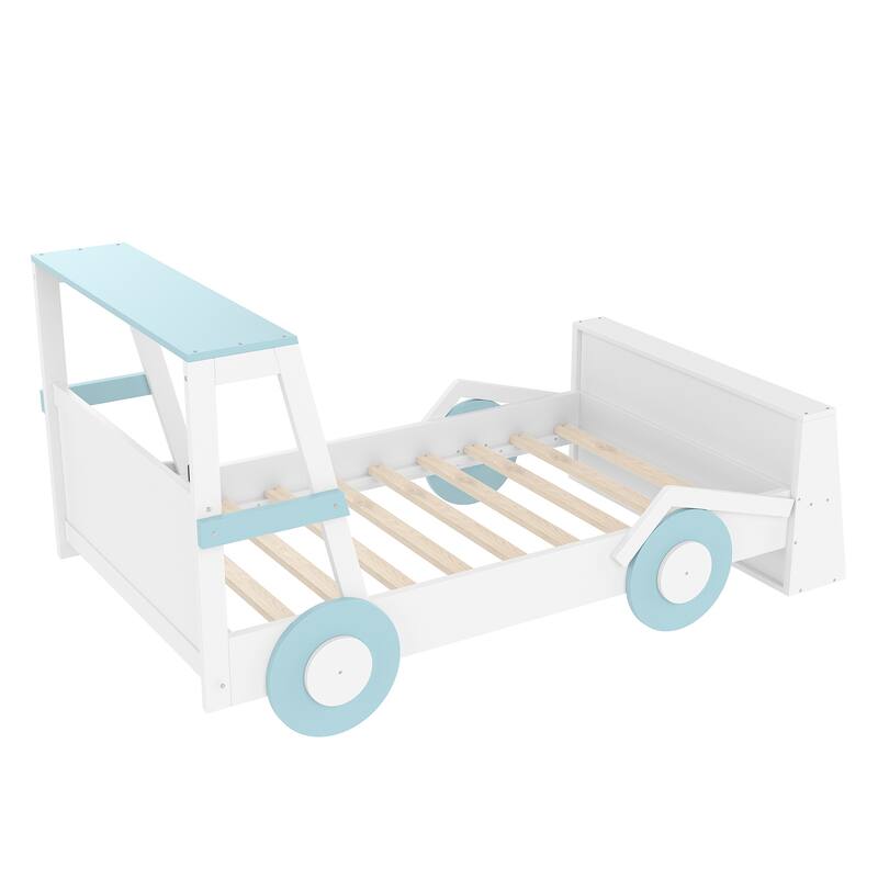 Low Platform Bed for Kids Car-shaped Bed Frame with Front Storage Shelves, Headboards and Wheels, No Box Spring Needed