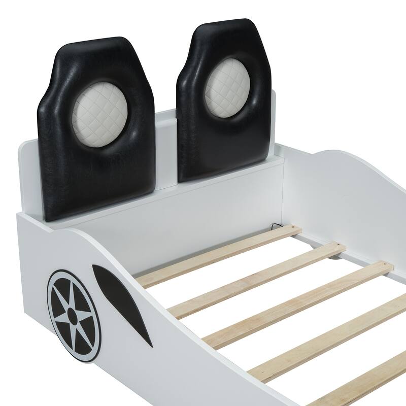 Wood Twin Size Race Car-Shaped Platform Bed With Led And Upholstered Backrest
