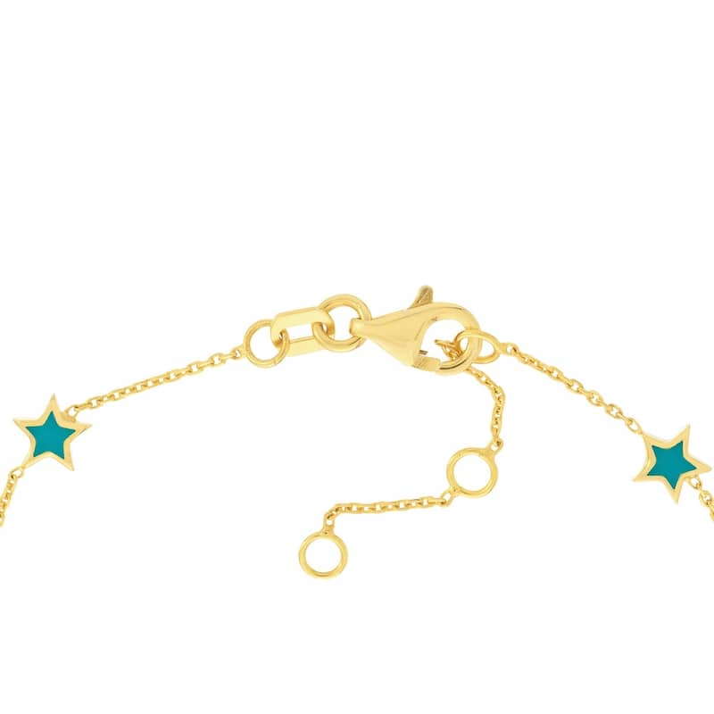 Curata 14k Yellow Gold 7.25" Blue Enamel Six Star Adjustable Station Bracelet