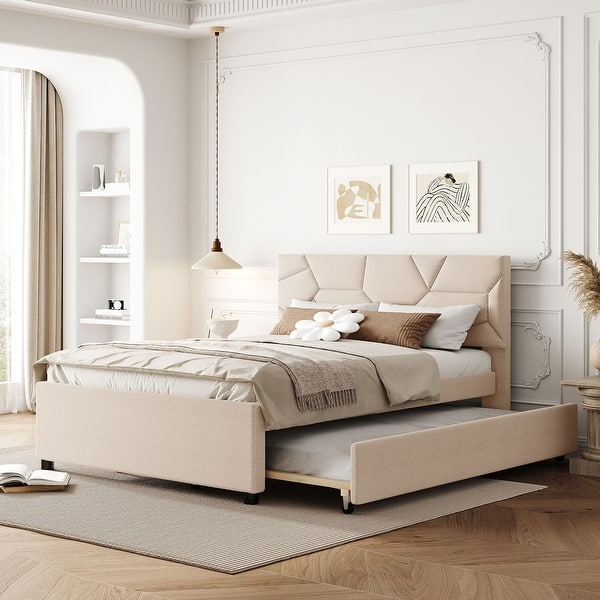 slide 2 of 10, Full Upholstered Platform Bed with Trundle and 2 Drawers, Solid Wood Bedframe w/Brick Pattern Headboard, Save Space Design Beige - Full