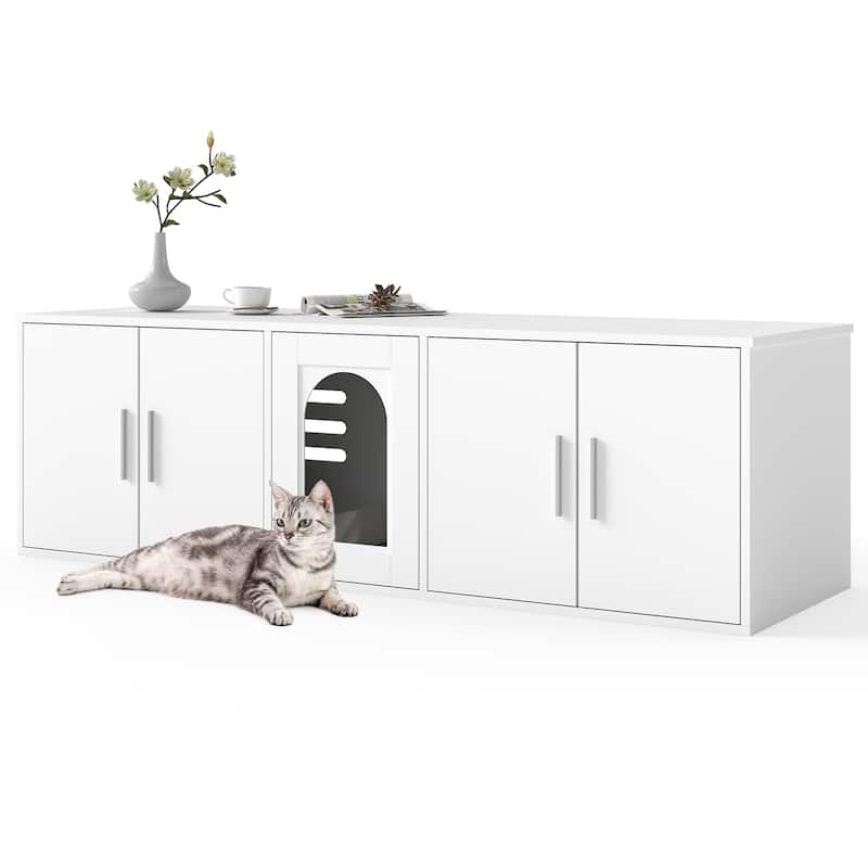 White Engineered Wood Cat Litter Box Cabinet with Double Rooms and Scratcher - White